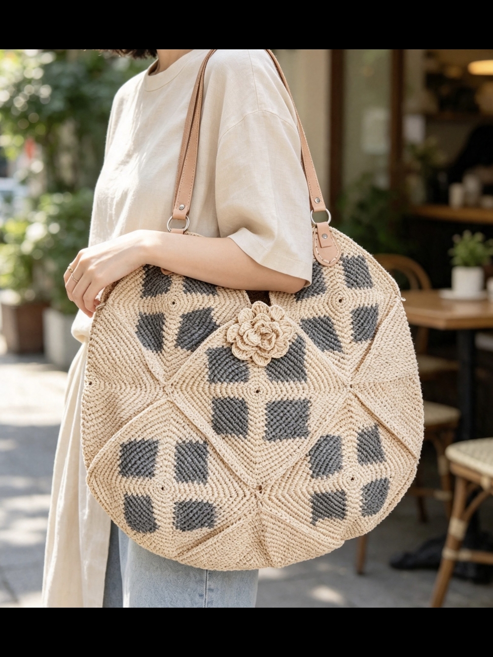 Handwoven raffia Straw Tote Bag with Gray Accent - Picture 3 of 13